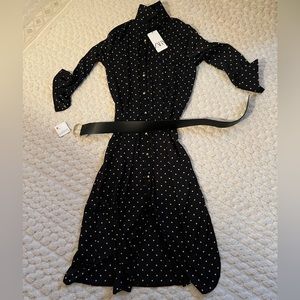 Zara dotted midi black belted dress with gold polka dots